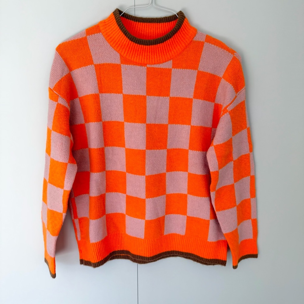 THML Women’s Neon Checkered Mockneck Sweater in Orange / Beige TMK1777 - Picture 1 of 5